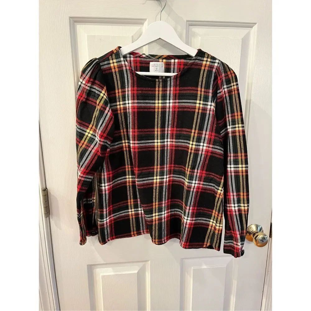 Compania Fantastica Black Red Gold Plaid Top sz M